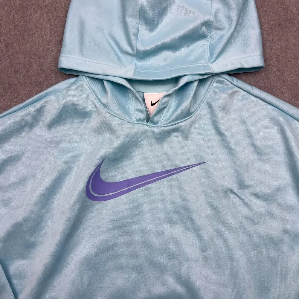 Nike Therma-Fit Hoodie Girls Large Blue‎ Swoosh Long Sleeve Pullover Sweatshirt